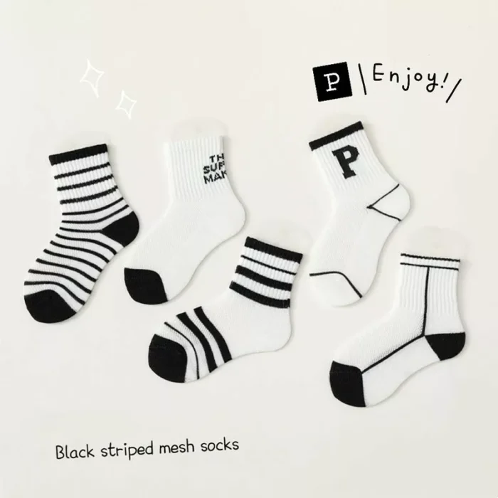 Kids' Spring stripe pattern mesh ankle socks 5 paris set - Imagen 4