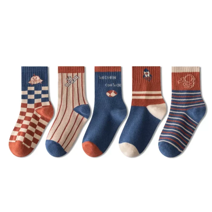 Kids' autumn preppy style combed cotton ankle socks 5 pairs set - Image 5