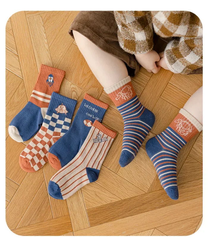 Kids' autumn preppy style combed cotton ankle socks 5 pairs set - Image 2