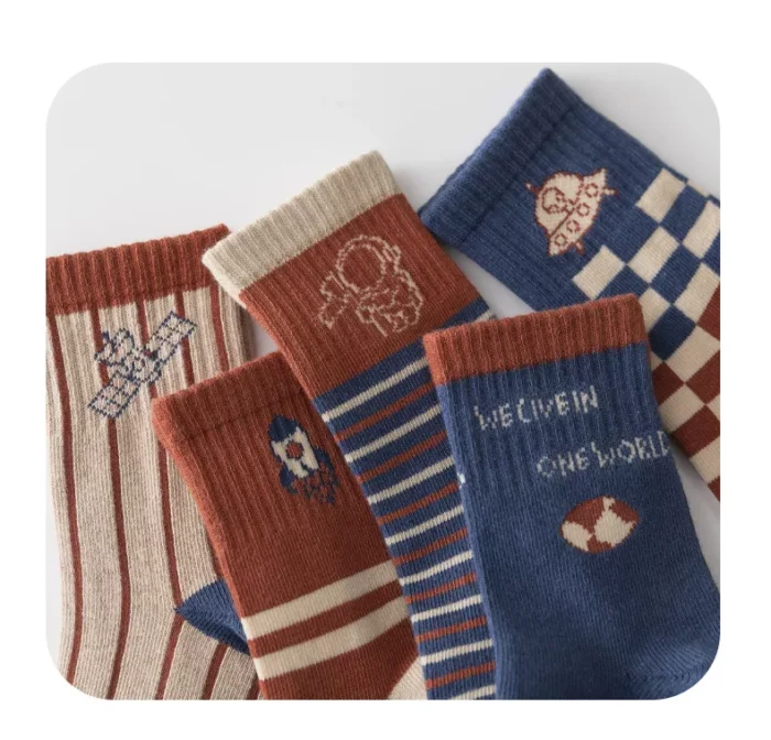 Kids' autumn preppy style combed cotton ankle socks 5 pairs set