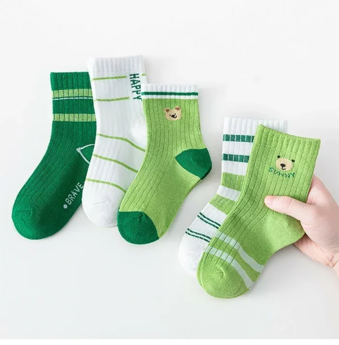 Kid's Spring Green Bear Mesh Combed cotton Ankle socks