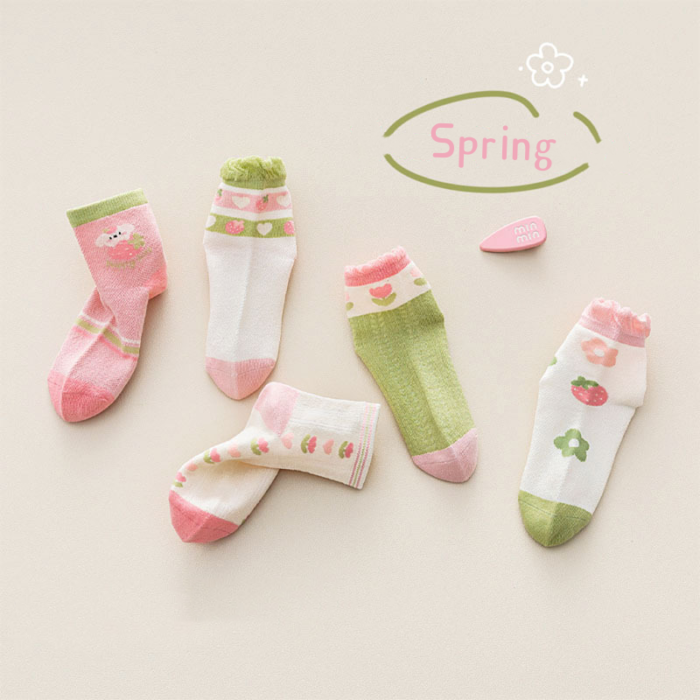 Kids' Spring Strawberry Floral Mesh Combed cotton Ankle socks - Imagen 7