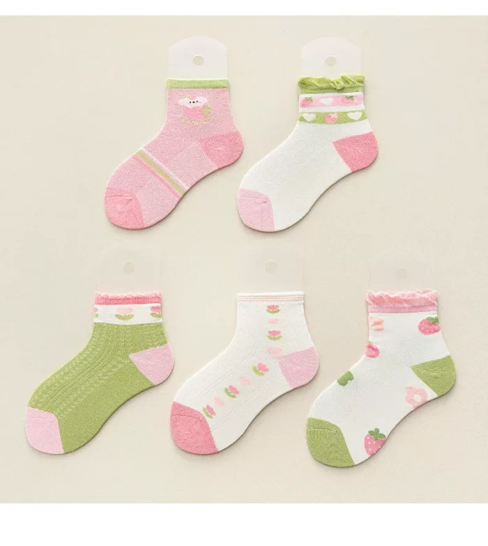 Kids' Spring Strawberry Floral Mesh Combed cotton Ankle socks - Imagen 8