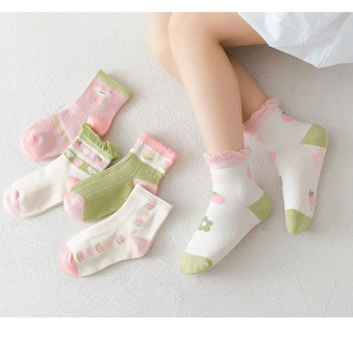 Kids' Spring Strawberry Floral Mesh Combed cotton Ankle socks - Imagen 6