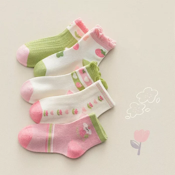 Kids' Spring Strawberry Floral Mesh Combed cotton Ankle socks