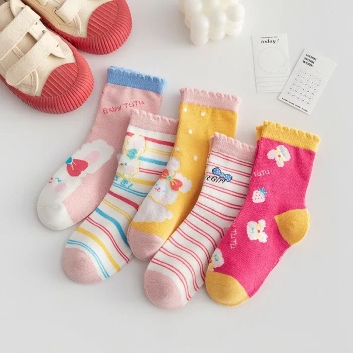 Kids' Autumn thin Strawberry Pink Combed cotton Ankle socks - Image 3