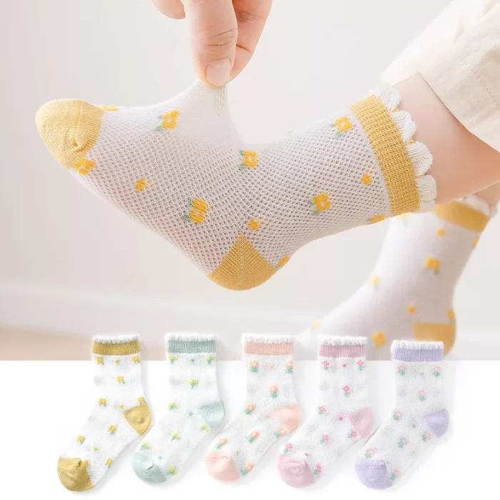 Kid's Summer Mesh Multi Pattern Color Cotton Ankle socks - Image 2