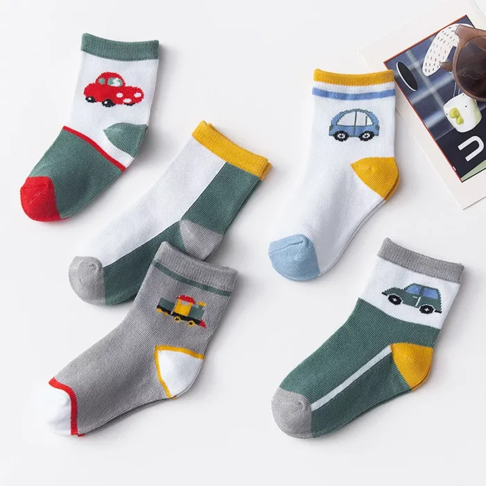 Kids' Autumn Winter Dinosaur Car Ankle socks 5 Pairs Set - Image 2