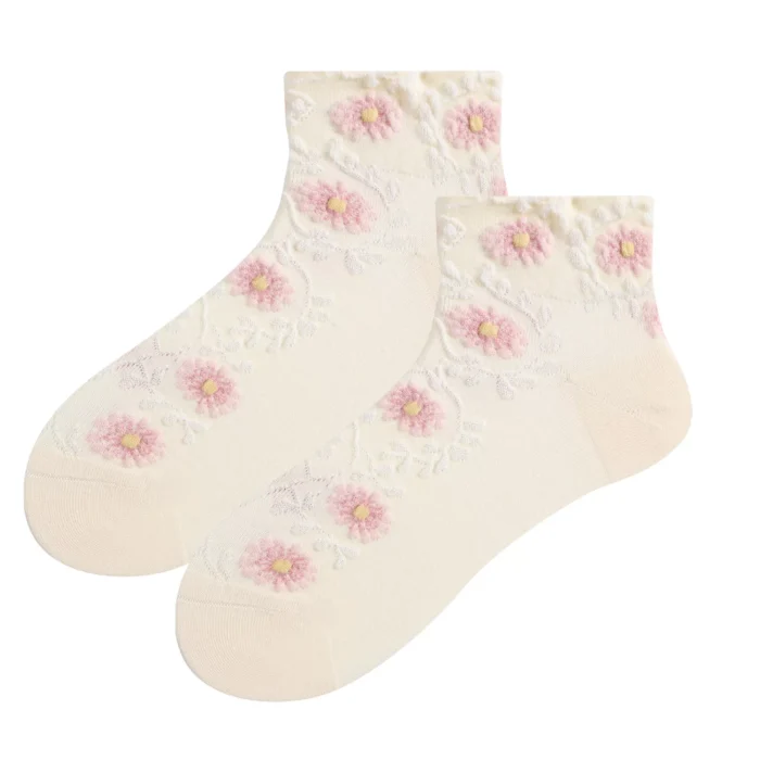 Cute Women's Cotton Flower Jacquard Ankle Socks - Imagen 4